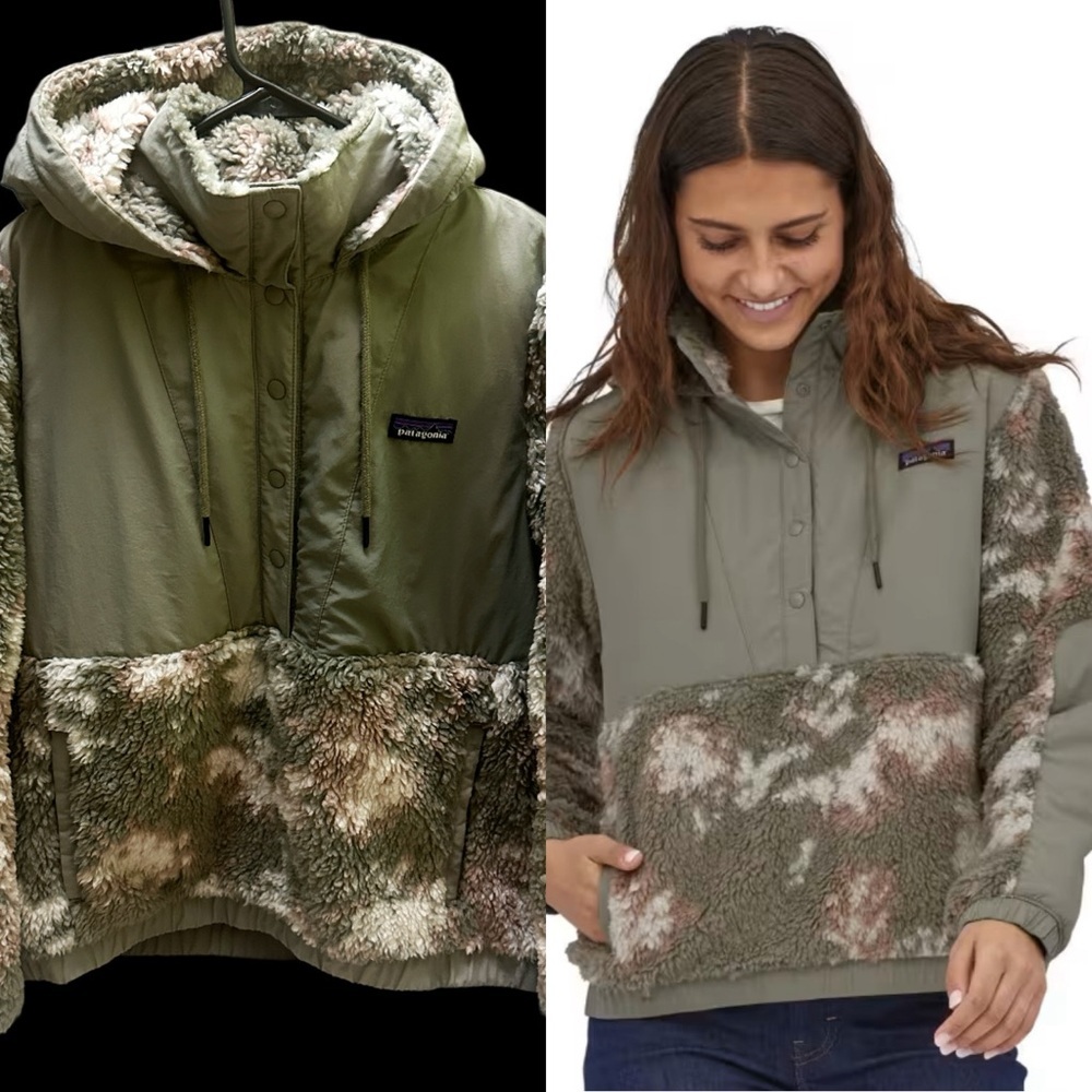 Patagonia Women's Green and Cream Teddy Jacket vintage